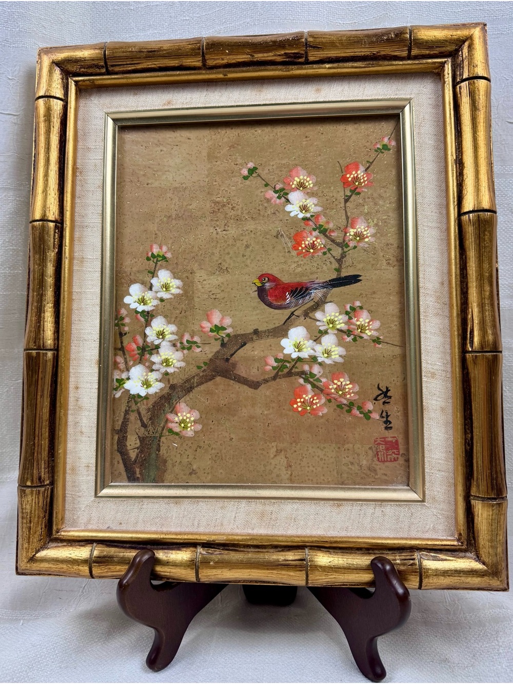 VTG Chinoiserie Signed Watercolor Painting on Cork Paper Springtime Bird Branch